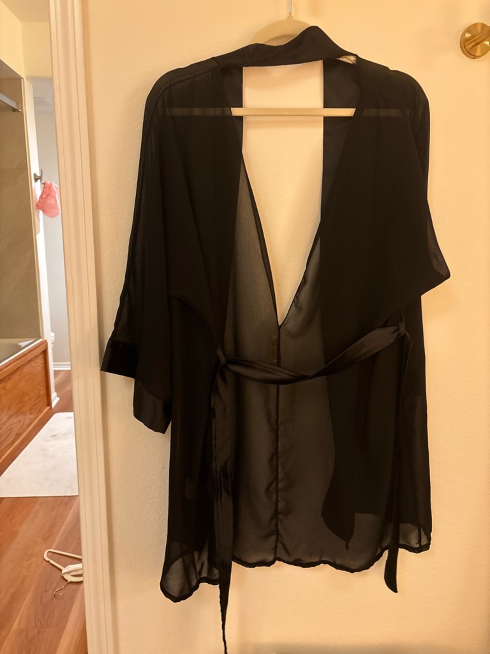 Sheer Black Satin-Trim Kimono Robe from Paris